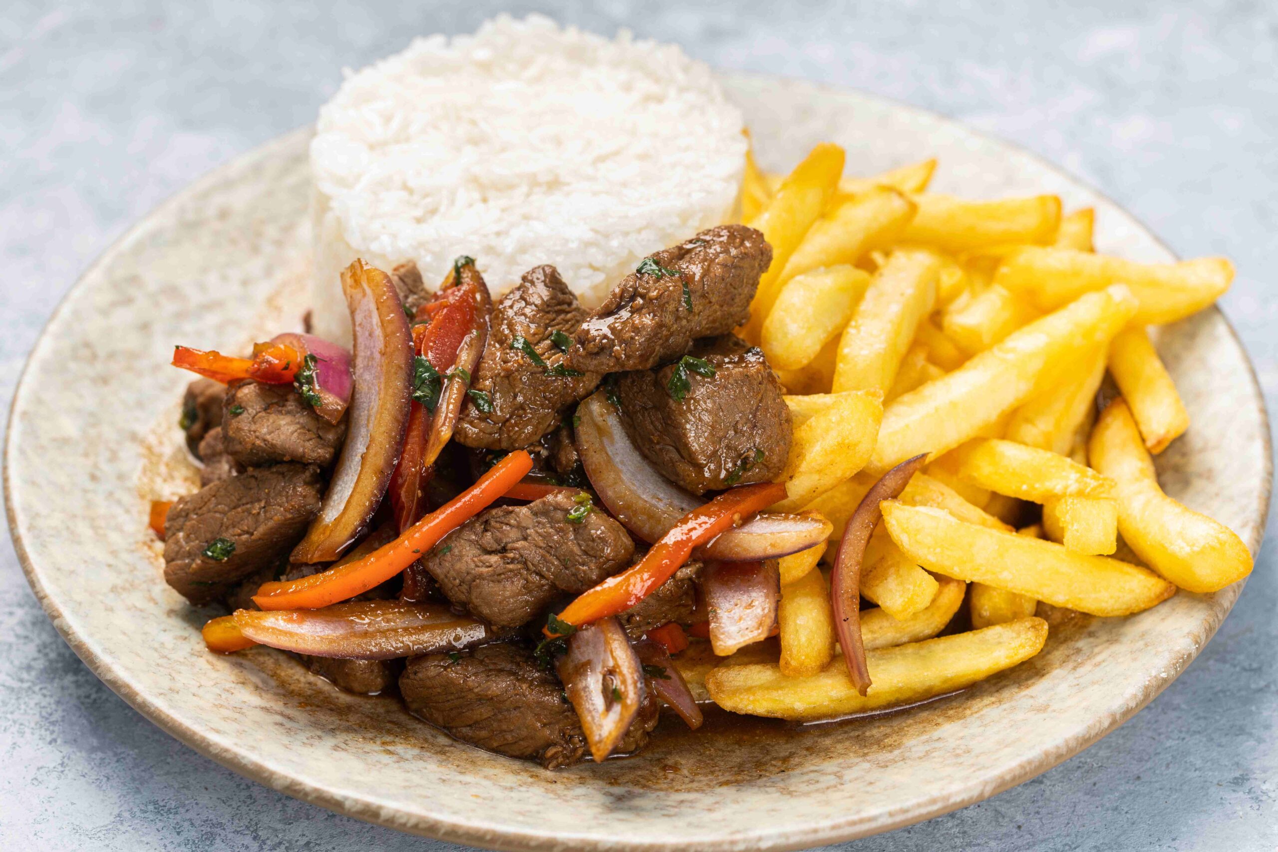 Prato de comida com arroz, carne e batata frita